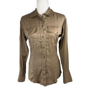 Frame Brown Small Arie Button Up Long Sleeve Linen Blend Stretch Top